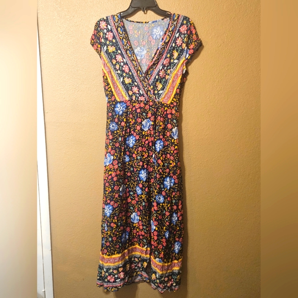 Women's Shein Floral Wrap Tie Side Floral Dress Sz Large